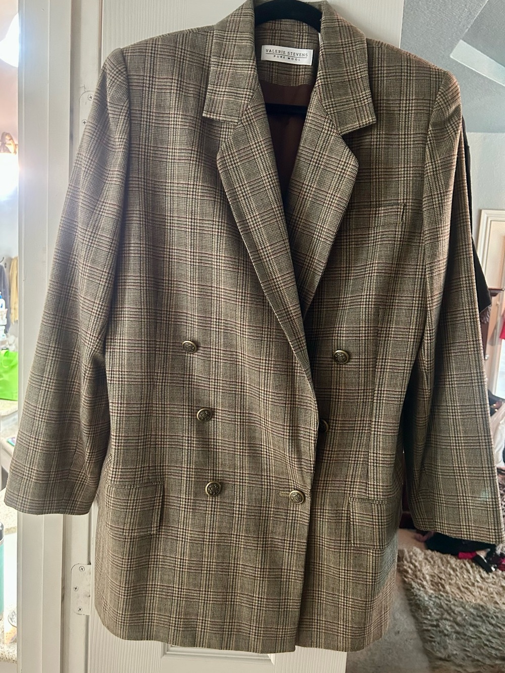 Valerie Stevens Wool Plaid Pantsuit in Brown and Cream with Subtle Burgundy